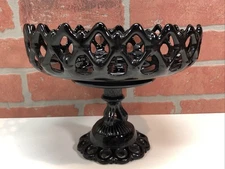Vintage Westmoreland Doric Laced Compote Footed Black Glass Pedestal Bowl