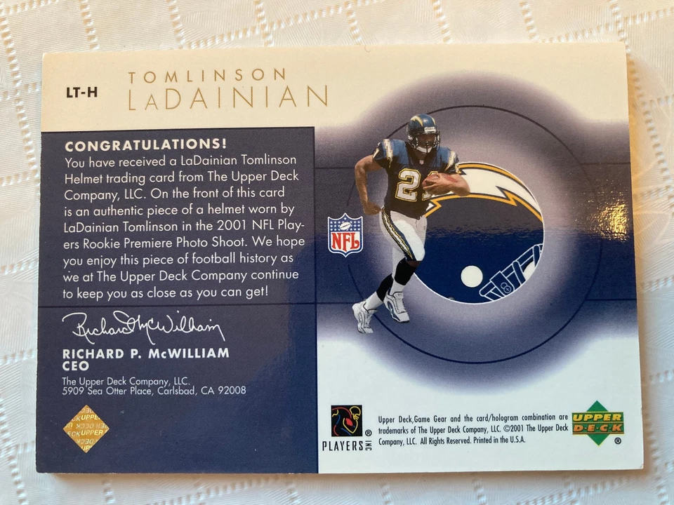 2001 UD LaDAINIAN TOMLINSON NFL Worn Game Gear Helmets HOF CHARGERS RARE - Image 2 of 2