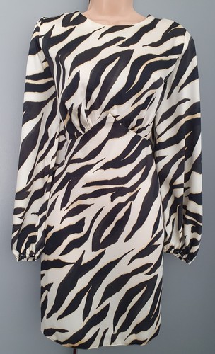 BNWT Size 16 Cream Black Zebra Print Long Puff Sleeve Cut Out Back Dress !
