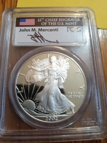 2002 W - Proof Silver American Eagle - PCGS PR 70 DCAM Signed by Mercanti