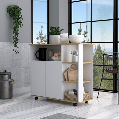 Kitchen Cart 35'' H, Four Open Shelves, Double Door Cabinet, Four Casters