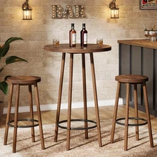 3 Pieces Bar Table Set, 23.6" Round Small Pub Table with 2 Stools for Bistro
