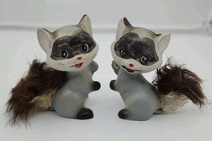 2 Vintage Enesco Racoon Ceramic Figurine 3 Inches Tall .
