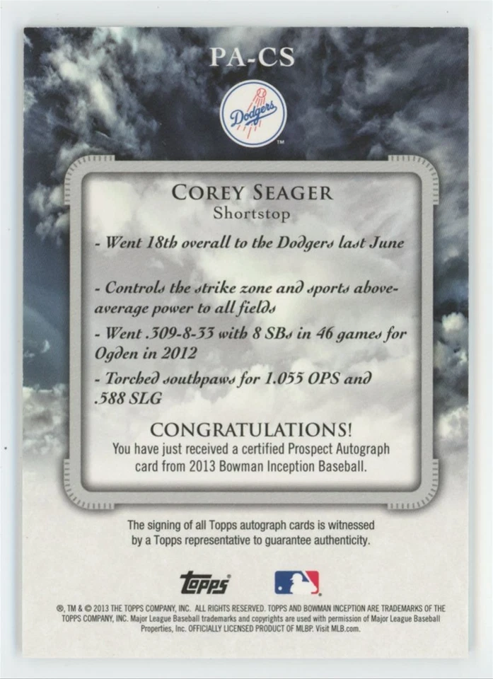 Corey Seager 2013 Bowman Inception Auto B #PA-CS Los Angeles Dodgers - Image 2 of 3