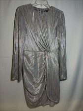 Gianni Bini Women’s Size 6 Silver Metallic Pleated Mini Dress Long Sleeve Lined