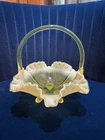FENTON TOPAZ VASELINE OPALESCENT URANIUM RUFFLED DRAPE GLASS BASKET GLOWS 9”