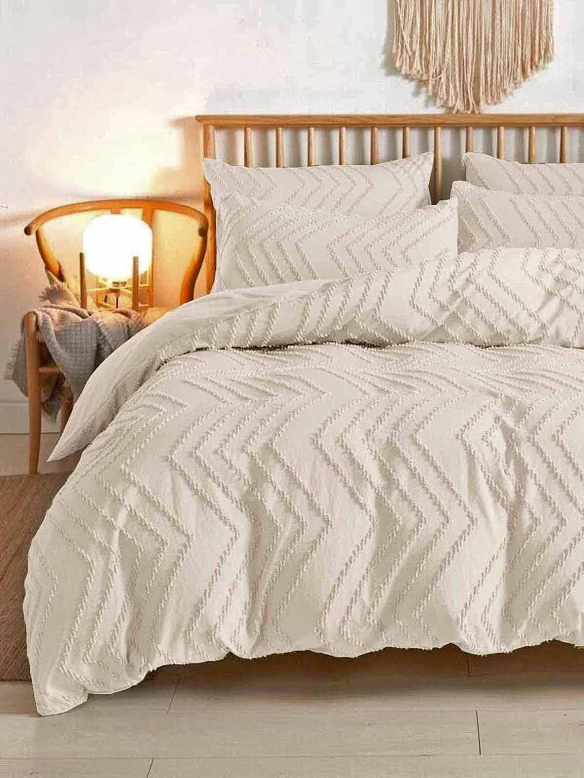 King Comforter Set Beige Tufted Jacquard Boho Soft Shabby Chic Reversible Dow...