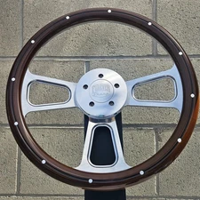 16" Polished Billet BigRig Steering Wheel with Mahogany Wrap and Aluminum Rivets