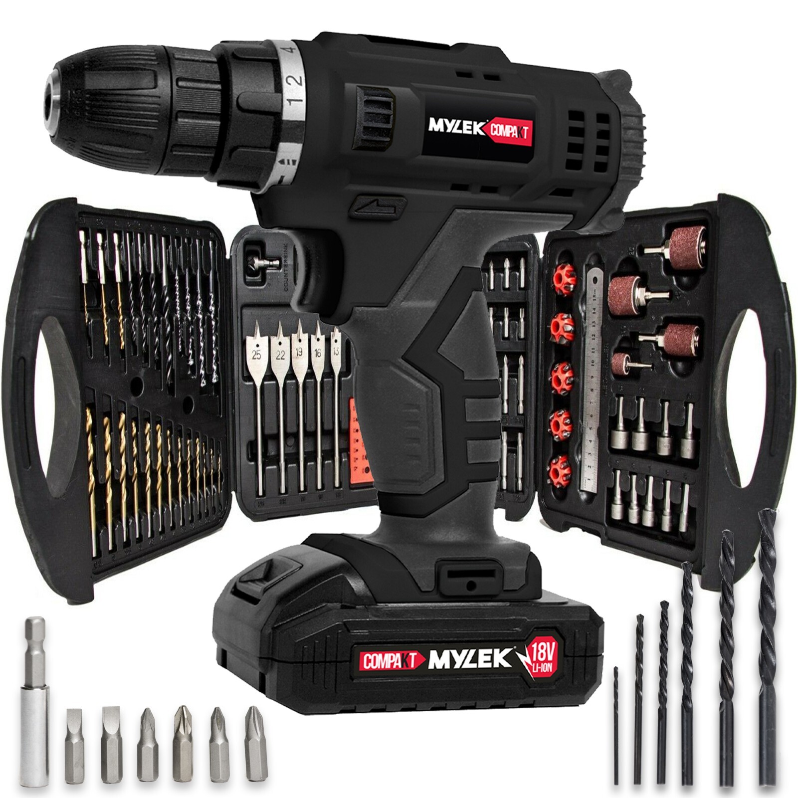 Mylek 18V Cordless Drill Electric Screwdriver & 118 Piece Kit Power Tool Li-ion