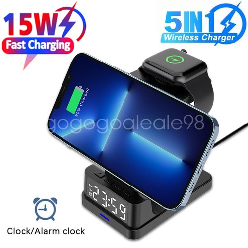 5 in 1 Wireless Charger Fast Charging Dock Alarm Clock for iPhone iWatch AirPods - Zdjęcie 2 z 26