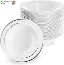 - 25 Ciotole in Plastica Bianca Premium con Bordo Argentato, 360ml - Piatti Fond