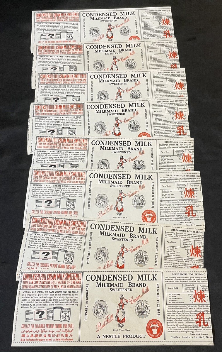 70's Singapore Nestle' Milkmaid Brand condensed milk can label x8