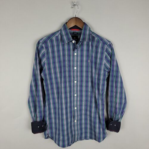Victorinox Shirt Men Small Tailored Purple Green Plaid Button Flip Cuff Casual - Picture 2 of 9
