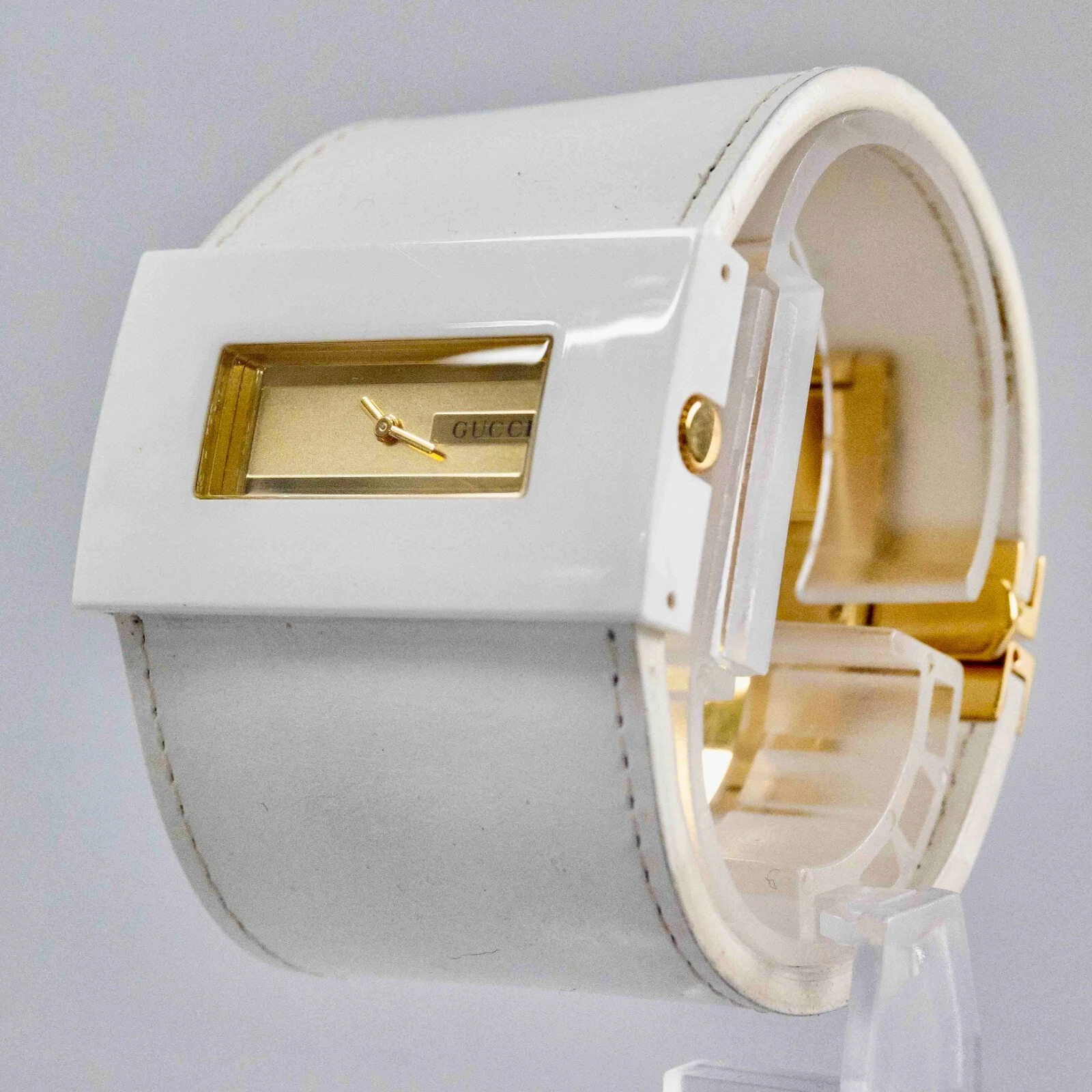 *RARE* Montre Femme Vintage GUCCI 3500L Quartz Or Daial White Cace Bracelet 45mm