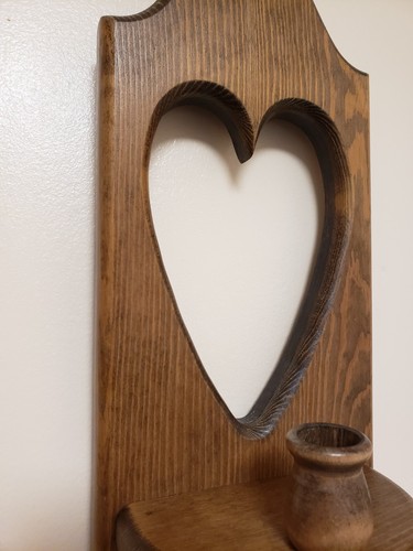 Pair of Vintage WOODEN HEART SCONCES Candle Wall Hangings 15" W/2 Hanging Hearts - Picture 3 of 21