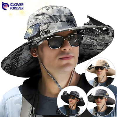 #ad Solar Fan Hat Men Wide Brim Sun Fishing Outdoor Bucket Rechargeable With 2 Fan $10.99
