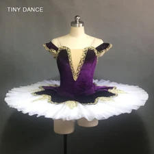 Off Shoulder Dark Purple Velvet Bodice with Gold Trim White Tutu Ballet Pancake