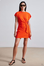 Apiece Apart Nina Cinched Waist Dress Orange Midi Wrap Organic Cotton Flambe