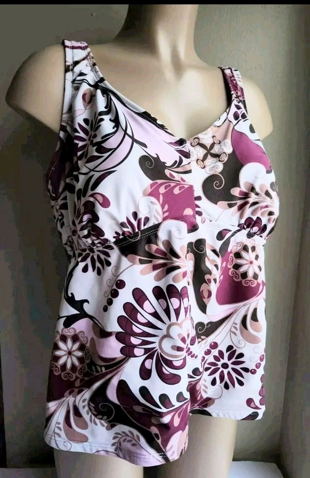 Traje de baño Merona Tankini Top 18W blanco borgoña Foto 2 de 4
