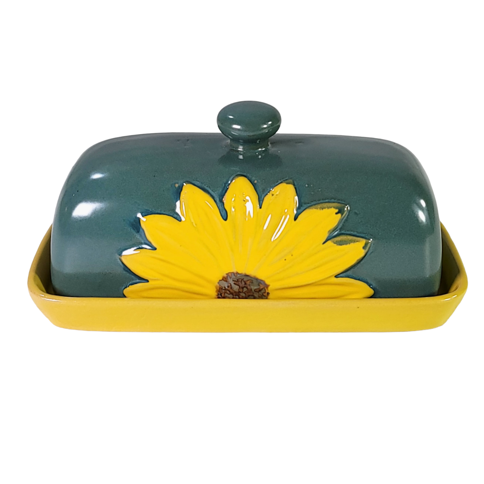 Covered Butter Dish Ceramic Pottery Green Floral Daisy Sunflower Hand