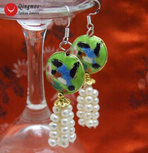 4-5mm Round Natural White Pearl Earring Women 18mm Blue Cloisonne Dangle Earring - Picture 10 of 28