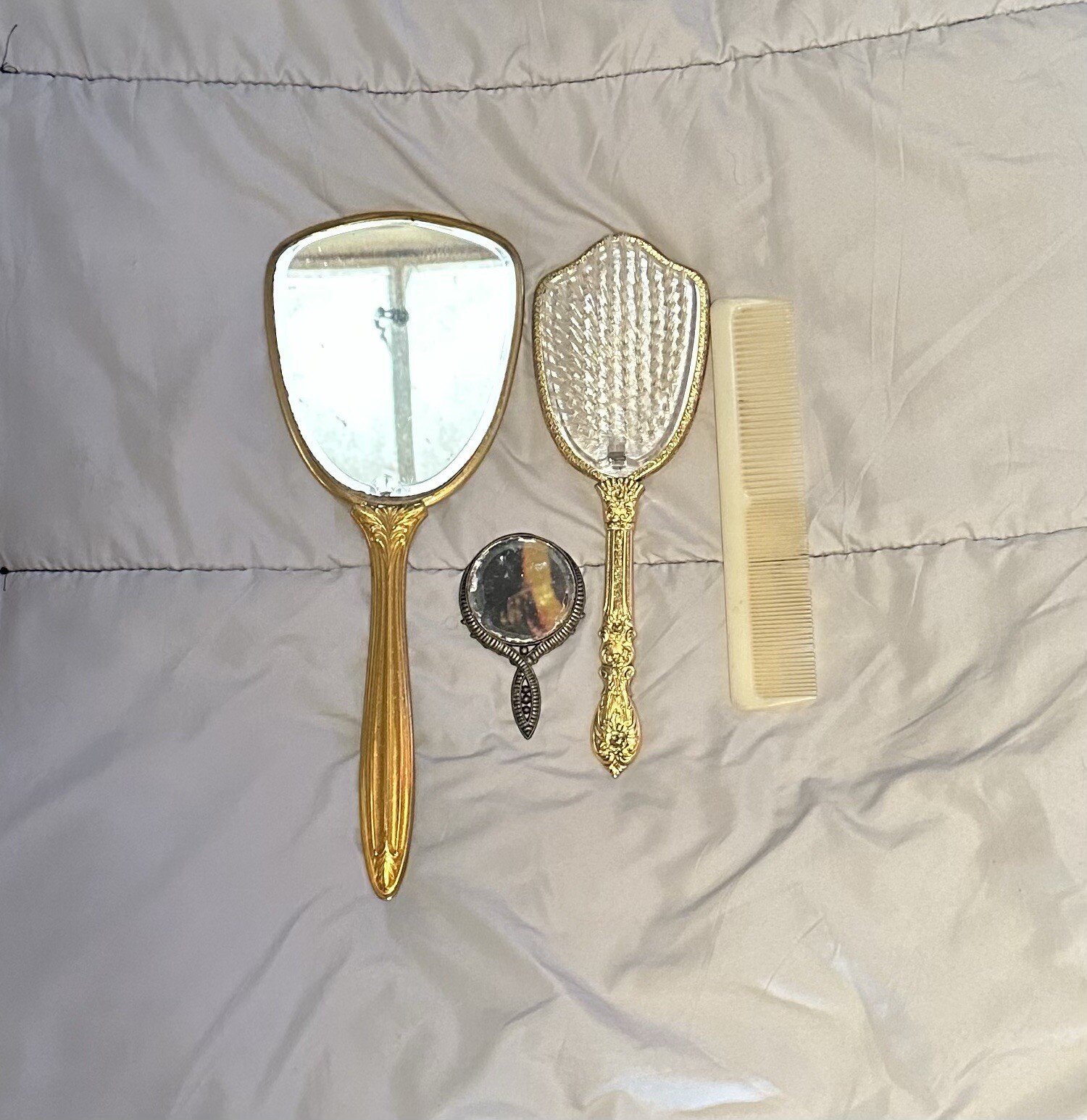 Vintage Victorian Hand Held Metal Vanity Mirrors, Hair Brush & Comb