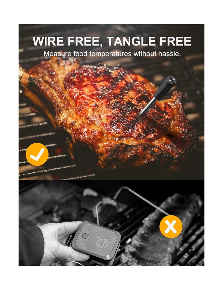 Wireless Meat Thermometer, Food Thermometer with 165ft Wireless Range, Smart ...