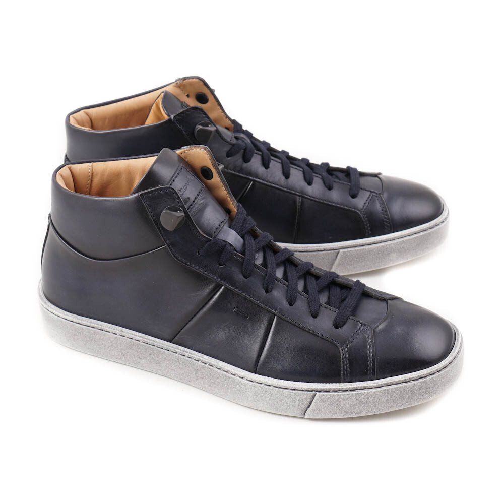 NIB $710 SANTONI Dark Slate Blue Leather Mid-Top Sneakers US