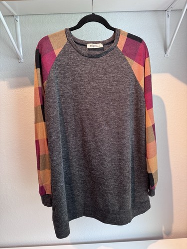 Haptics Women Plaid Sleeve Tunic Top Gray Pink Orange Long Sleeve Plus Size -1XL