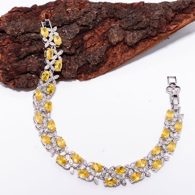 Citrine, CZ 925 Sterling Silver Adjustable Bracelet 7-8'' B14165, Gift for her