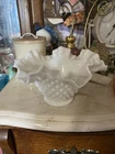 Vintage Fenton Hobnail Bowl Vase White Milk Glass Ruffled Crimped Decorative