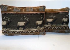 Elk Caribou Blue Brown Plaid Tapestry Hunting Cabin Bed Throw Pillow-Lot Of 2