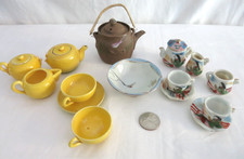 Vintage Asian Mini Tea Sets Child Doll House Yellow Brown White Crane Lot of 19