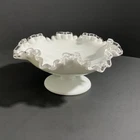 Vintage Fenton Silver Crest Milk Glass Footed Ruffled Edge Bowl Pedestal Compote