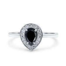 Pear Teardrop Natural Black Onyx Halo Wedding Ring 925 Sterling Silver