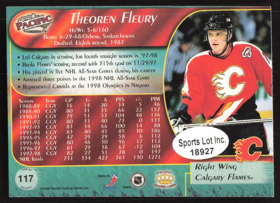 Theoren Fleury Autographed 1998-99 Pacific Card #117 Calgary Flames - Image 2 of 2