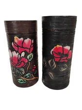 2 Vintage Lacquered Paper Mache Stained Glass Design Cylinder Canister/Container