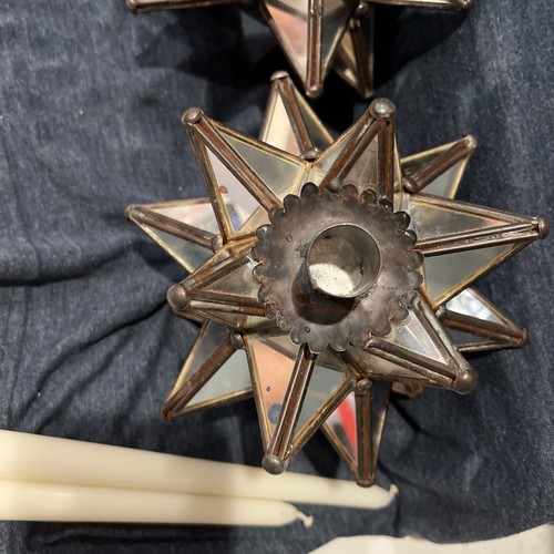2 Vtg Mirror GLASS Moravian Star Moroccan CANDLE HOLDER Table Top TALL Candles - Picture 10 of 14