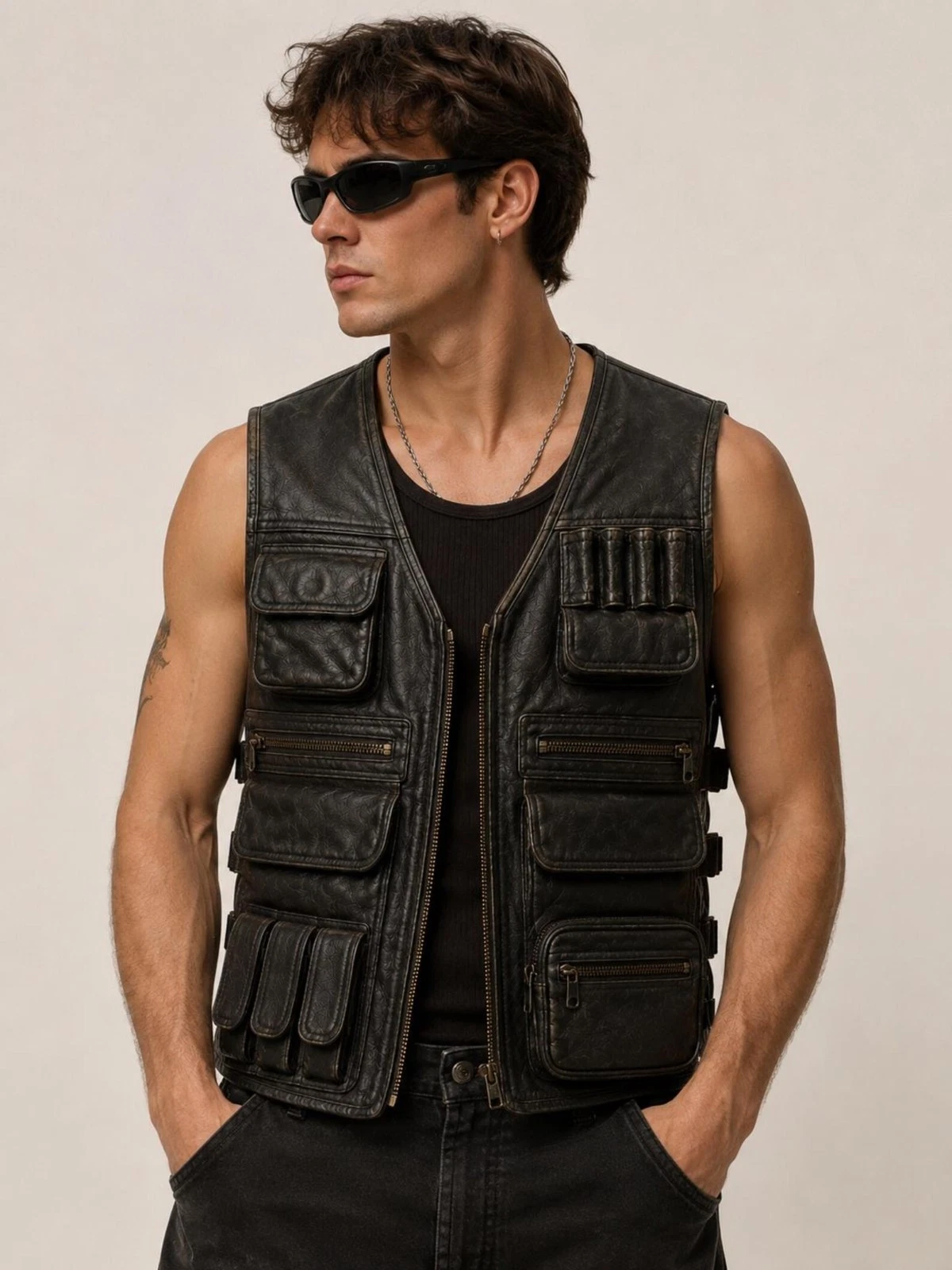 Men’s Black Genuine Lambskin Leather Utility Vest, Biker Top, Multi Pocket Vest
