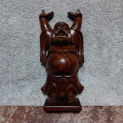 Vintage Carved Wooden Buddha Figure Laughing Hands Up Standing  10.5  Tall