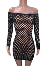 Off Shoulders Black Seamless Fishnet Net Raver Clubwear Exotic Dancer Mini Dress