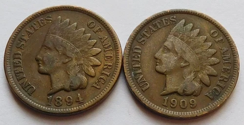 1894 + 1909 Indian Head Cents Fines, Two Penny 1C coins