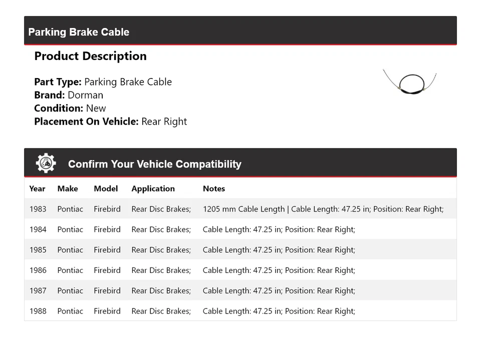Cable de freno de estacionamiento trasero derecho para Pontiac Firebird Dorman 1983-1988 1984 1985 Foto 2 de 4