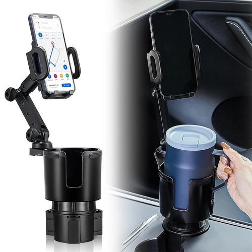 2 in 1 Car Phone Cup Holder Stand Cradle 360° Adjustable Cell Phone Mount Black