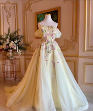 Princess Yellow Off the Shoulder Wedding Dresses Colorful 3D Floral Bridal Gowns