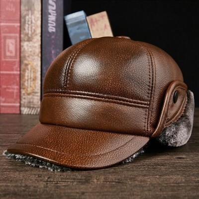 Herren Leder Trapper Hut Schafsfell Kappe Jagd Aviator Ohr Klappe Winter Retro-