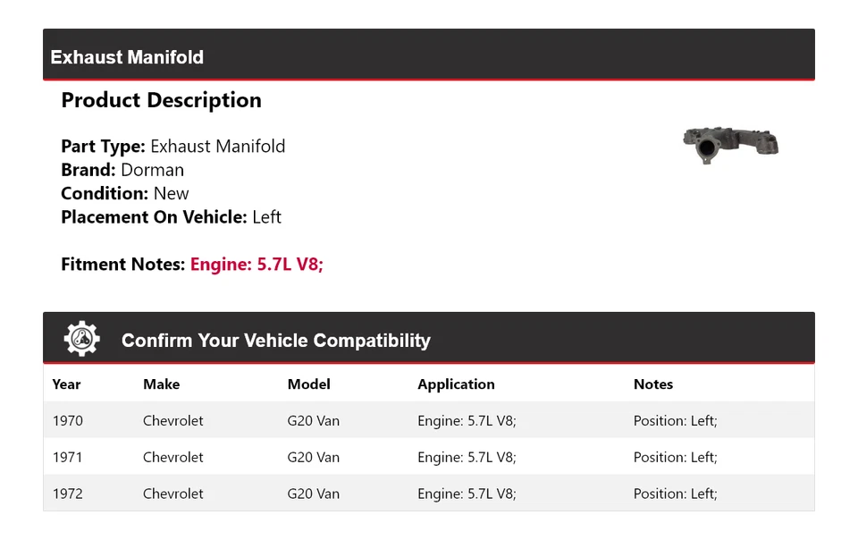 Левый выпускной коллектор для фургона Chevrolet G20 5,7 л V8 Dorman 1970-1972 годов выпуска 1971 года - Изображение 2 из 4