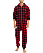 FAMILY PAJAMAS Men's 1-Piece Checkered Hooded Pajamas sz M Medium Red PJs