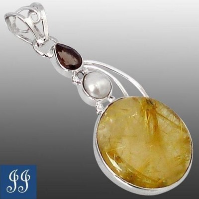Topaz and River Pearl Unique 925 Sterling Silver Pendant 1 3/4 M030 Natural Golden Rutile Topaz and River Pearl Unique 925 Sterling Silver Pendant 1 3/4 M030 Natural Golden Rutile