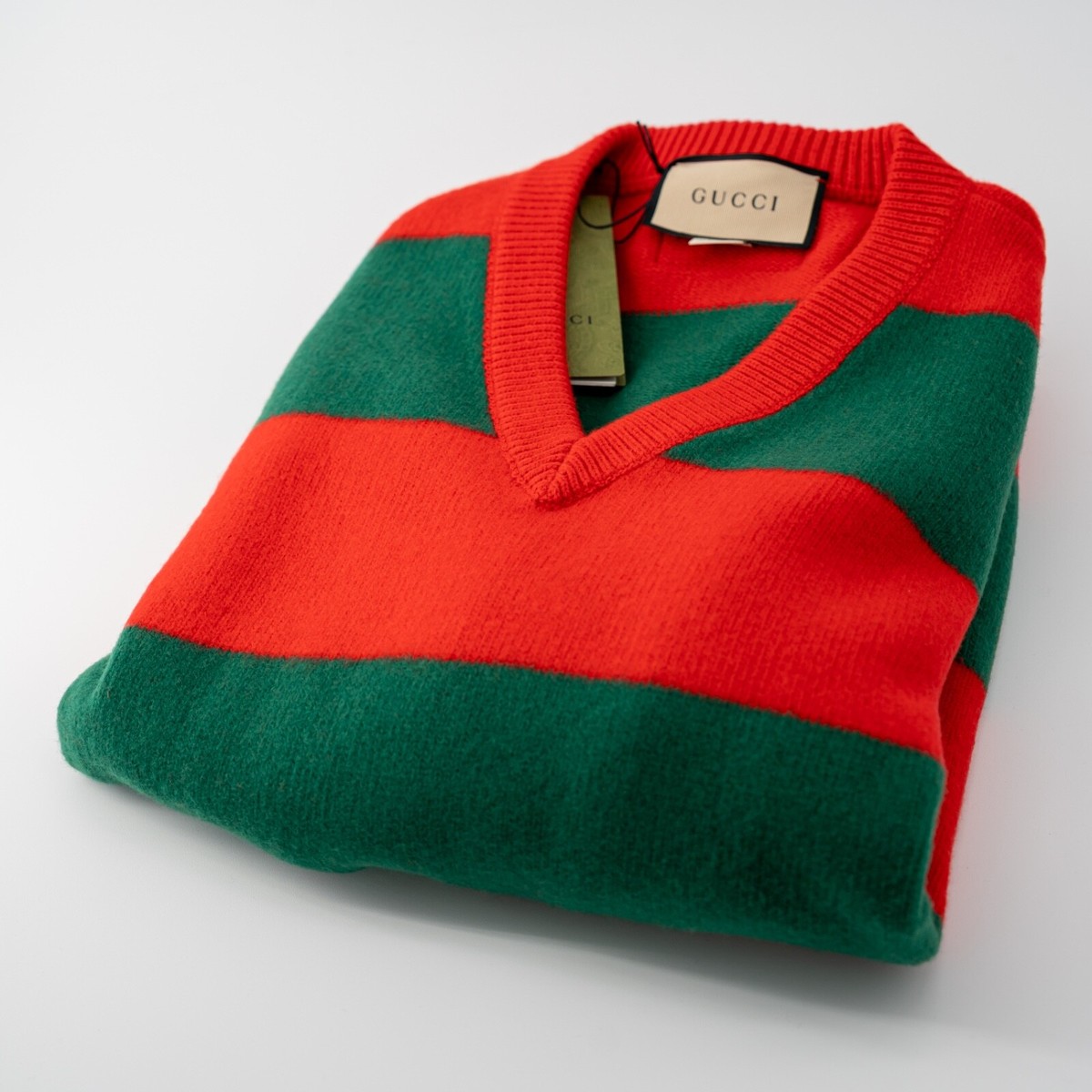 size XL - Gucci Striped V-neck Felted Wool Jumper Sweater Red